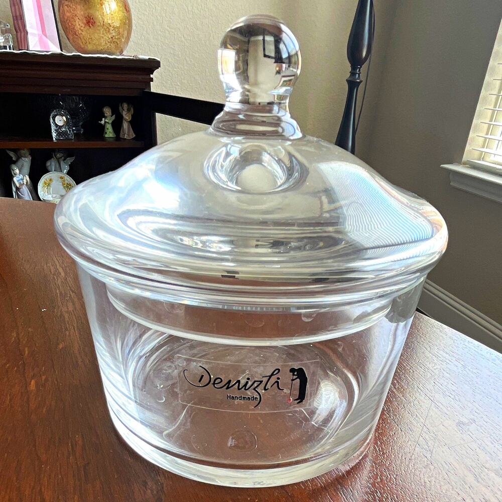 Denizli Handmade Clear Glass Round Canister with Lid, Made in Turkey